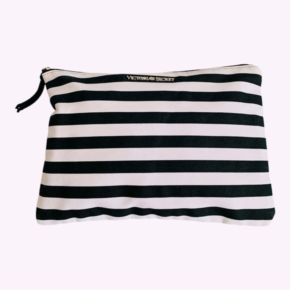 Victoria’s Secret Duffel Bag Black White Pink Stripe Canvas with Makeup Case - Picture 8 of 11